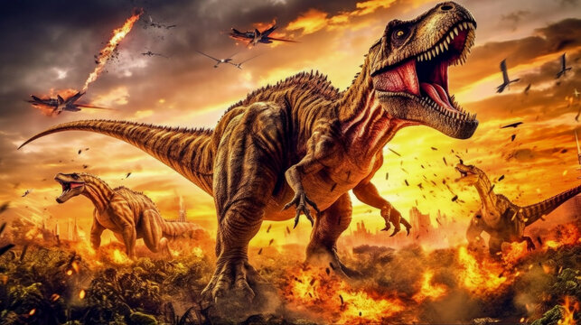 A scene from prehistory. Dinosaurs before extinction