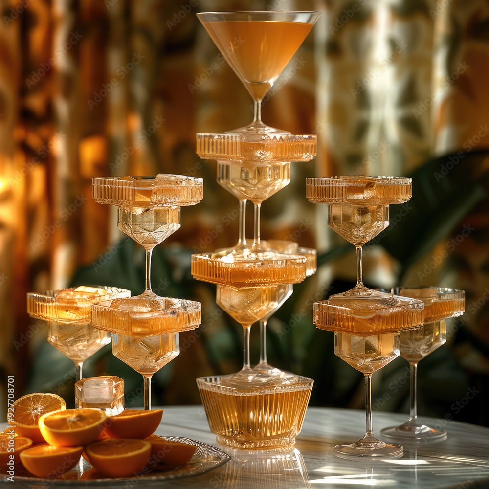 Poster a champagne tower made of cube and orange-shaped glasses. generative ai.