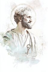 Fototapeta premium illustration of Saint Peter, depicted with keys in hand and a serene expression, set against a detailed, antique background
