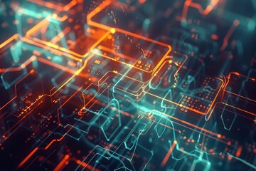 Obraz premium A futuristic representation of artificial intelligence, showcasing advanced technology and innovative designs in a digital landscape, Abstract representation of data transfer in a network 