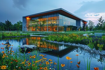 Fototapeta premium A large building with a large pond in front of it