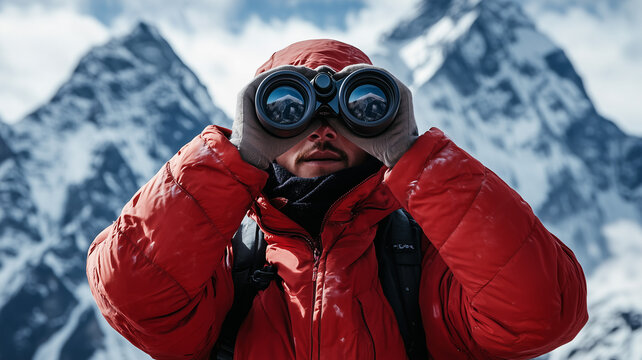 A Sherpa guide holding binoculars in front view, with a snow-capped mountain backdrop. Ai generated