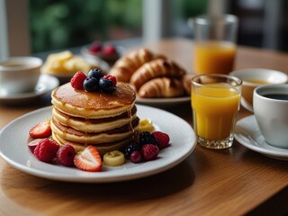 Pancakes with Fresh Berries and Orange Juice on a Breakfast Table