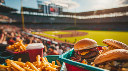 Naklejka premium A vibrant baseball stadium filled with cheering fans and delicious ballpark food including burgers, fries, and chicken, with the excitement of the game creating a dynamic background. Ai generated