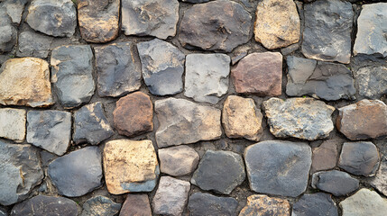Obraz premium A textured stone wall made of various colored stones in an outdoor setting