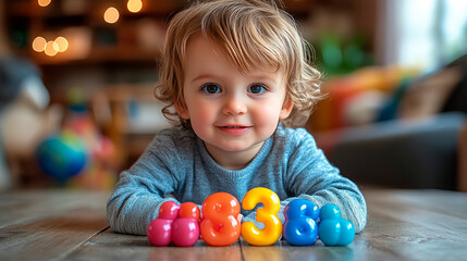 Fototapeta premium Сute child holding plastic toy number 3, is learning to count.