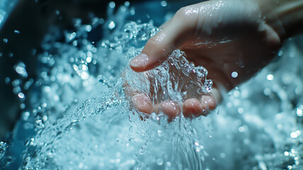 Fototapeta premium A visually appealing close-up of a hand turning on a tap, with sparkling clean water emerging, emphasizing the value of every drop. Ai generated