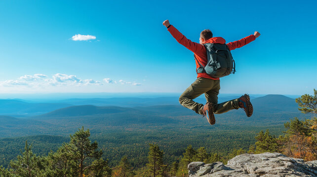 A victorious young hiker leaping with joy on a high mountain peak. The image captures the essence of success and freedom, with expansive forest trails and a clear blue sky. Ai generated