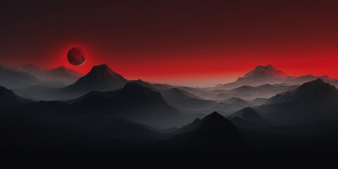 Silhouetted mountain range with a red moon in the sky.