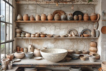 A shelf full of pottery and bowls
