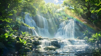 Fototapeta premium Loud waterfall falling from a height among rocks