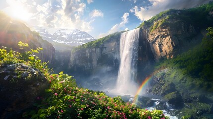 Fototapeta premium Powerful waterfall falling from a high cliff