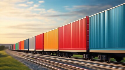 Fototapeta premium Freight train, containers in motion, countryside, 3D illustration