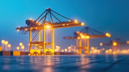 Fototapeta premium Container terminal, night scene, illuminated cranes, 3D illustration