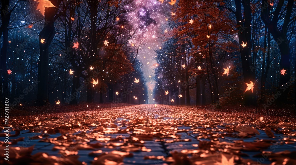 Poster a tranquil night scene with a starry sky, a path covered in fallen leaves, and distant tree silhouet