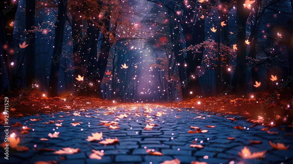 Poster a tranquil night scene with a starry sky, a path covered in fallen leaves, and distant tree silhouet
