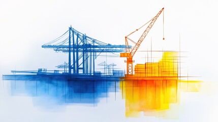 Fototapeta premium Port infrastructure, bridges and cranes, logistic efficiency, Watercolor style