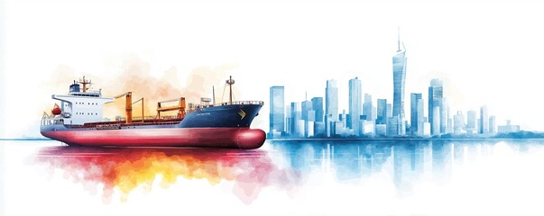 Obraz premium Port city skyline, ships docked, urban logistics hub, Watercolor style