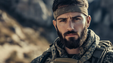 Obraz premium Close-up of a soldier with a determined expression, standing proudly against a rugged mountain backdrop. Ai generated