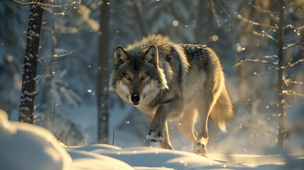 Obraz premium Wolf running through a snowy forest against