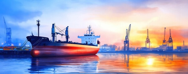 Industrial shipyard at twilight, shadows and lights, calm waters, Watercolor style