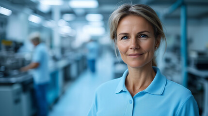Obraz premium Portrait of a female owner of a factory smiling in her factory with her employees working in the background