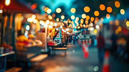 Fototapeta premium Food truck street festival, blurred light background, atmospheric bokeh