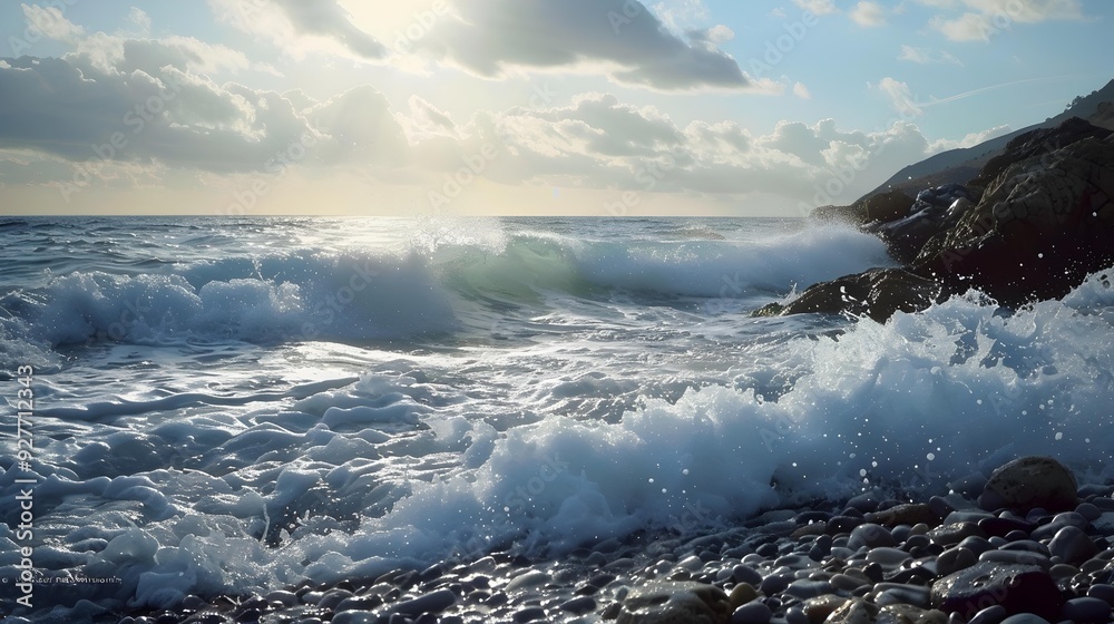 Sticker foamy waves rapidly rolling onto the rocky shore