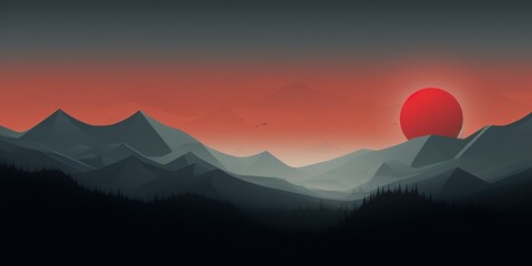Fototapeta premium Silhouetted mountains with a large red sun setting behind them.