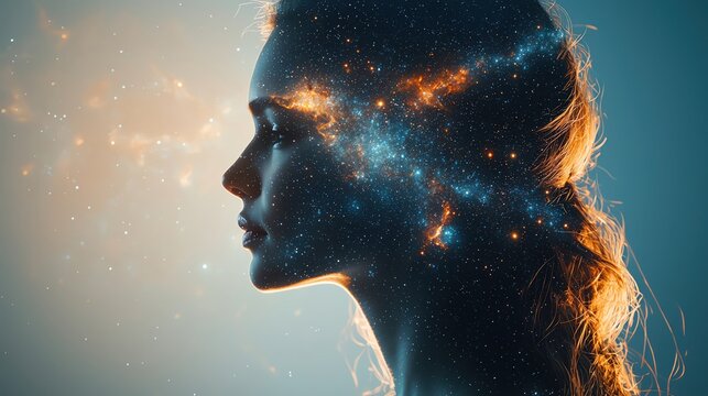 A stunning silhouette of a woman with a cosmic galaxy overlay, representing creativity and the vastness of imagination.