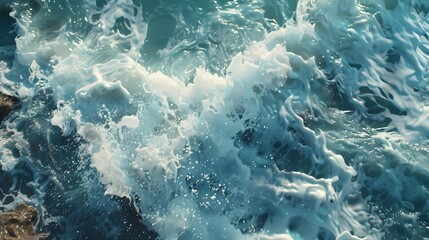 Powerful and foamy waves crashing against the rocks
