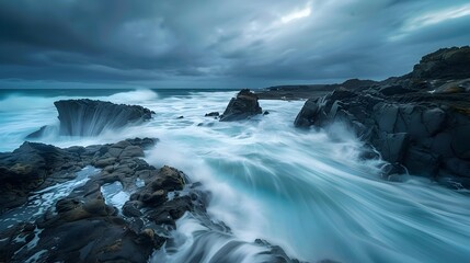 Fototapeta premium The waves rolling onto the rocky shore