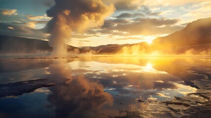 Fototapeta premium Sunrise rays illuminate the geyser creating golden reflections