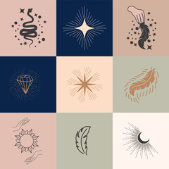 Set of magic symbols, celestial seamless pattern. Astrological, magical and esoteric symbols.