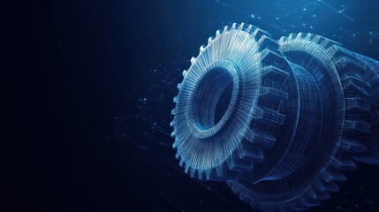 3D wireframe illustration of a gear on a dark blue background. Mechanical technology, industry development, engine work are machine engineering symbols.