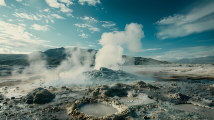 A geyser ejects bubbling mud and steam
