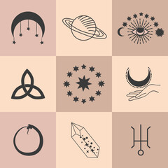 Set of magic symbols, celestial seamless pattern. Astrological, magical and esoteric symbols.