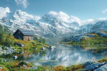 Fototapeta premium A beautiful landscape with a small cabin and a lake