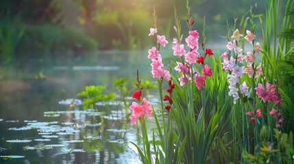 Gladioli tall growing by the pond their bright