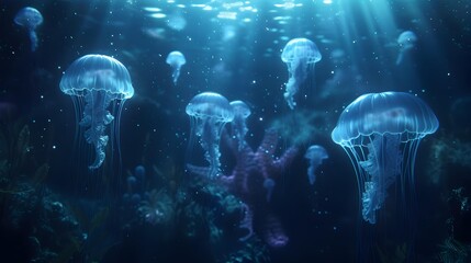 Fototapeta premium Mysterious ocean depths with shimmering jellyfish and swimming