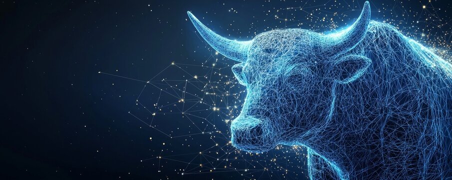 Futuristic wireframe bull with digital connections on a dark background