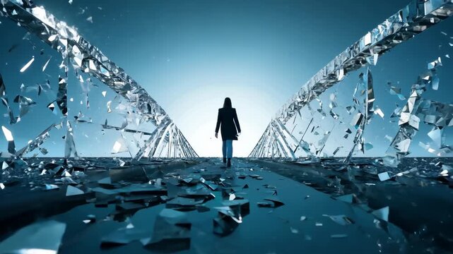 A figure walks forward as a bridge crumbles into tiny, light-catching shards, creating a shimmering effect with sharp, crystalline edges that symbolize the fragility of the moment