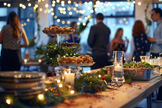 A festive bar adorned with a Christmas tree, embellished with red and gold decorations, creating a warm holiday atmosphere, An office holiday party with decorations and festivities. Ai generated