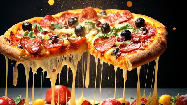 Witness the mouthwatering preparation of a pizza loaded with toppings, as cheese melts and flavors blend in a captivating kitchen atmosphere