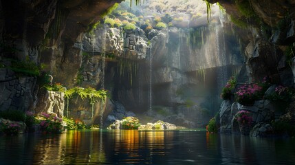 The grotto with water reflecting greenery
