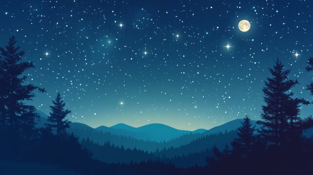 Constellation scheme collection. Stars in the night sky. Dark starry sky, hills, creppy forest, bright moon. Vector constellation Pyxis