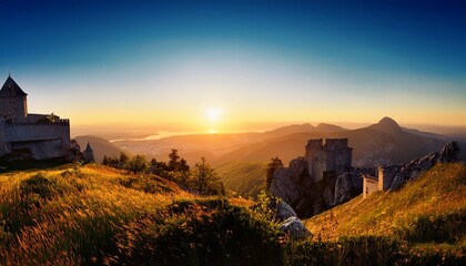 Fototapeta premium Sunset Over Snowy Mountain Range