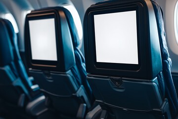 Empty Airplane Seats with Blank Entertainment Screen.