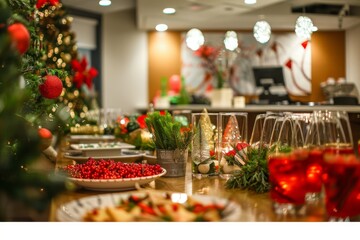 A welcoming bar featuring a Christmas tree, richly decorated with red and gold ornaments, embodying the holiday cheer, An office holiday party with decorations and festivities. Ai generated