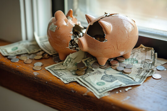 Two roken piggy banks with coins and dollar bills scattered around them, symbolizing financial struggles